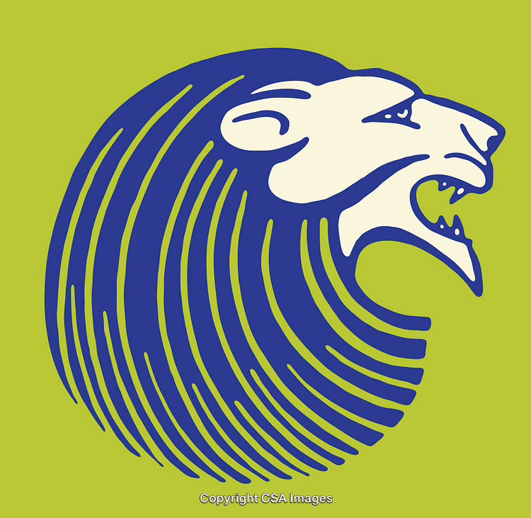 Bold Blue Lion Line Art on Green Background