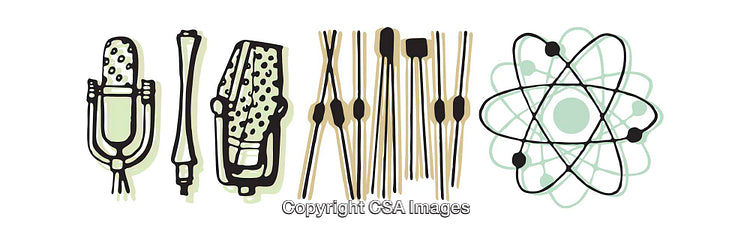 Colorful Illustration of Science, Sound, and Technology Elements in Modern Design