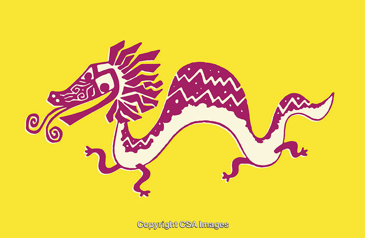 Colorful Abstract Illustration of a Stylized Dragon on a Bright Yellow Background
