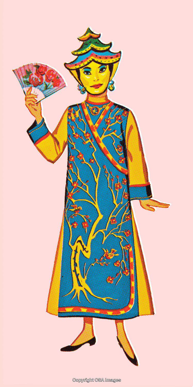 Woman in Traditional Asian Attire Holding a Floral Fan, Vibrant Illustration
