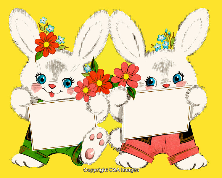Adorable Cartoon Bunnies Holding Signs Against a Bright Yellow Background