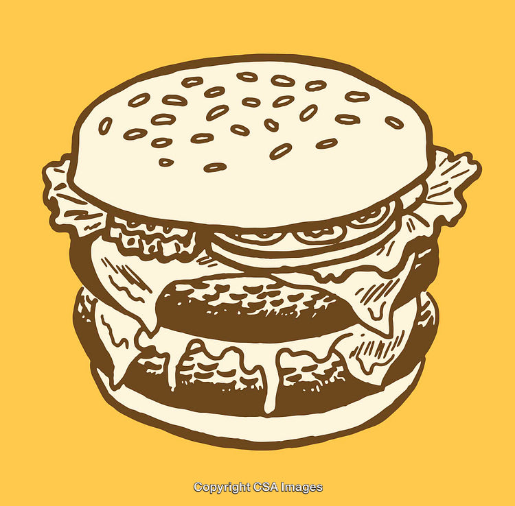 Hand-Drawn Color Line Art of a Delicious Cheeseburger on Yellow Background