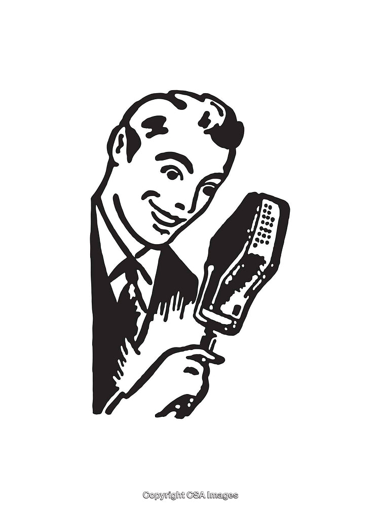 Retro Style Black and White Illustration of Man Holding a Microphone