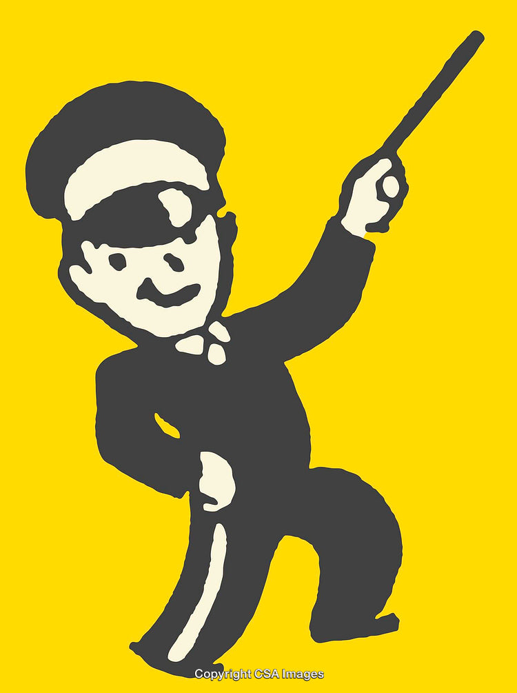 Animated Railroad Conductor Illustration on Yellow Background with Command Baton
