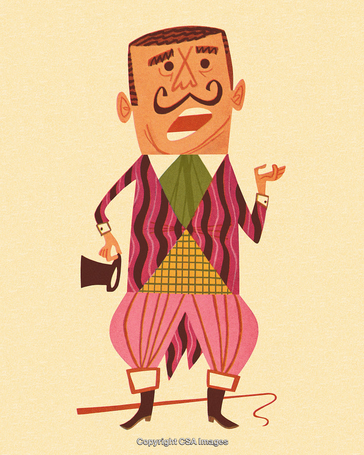 Colorful Vintage-Style Illustration of a Gentleman in Formal Attire Posing Confidently