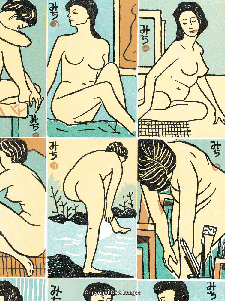 Vintage Illustrative Artwork Featuring Artistic Female Sketches in Various Poses