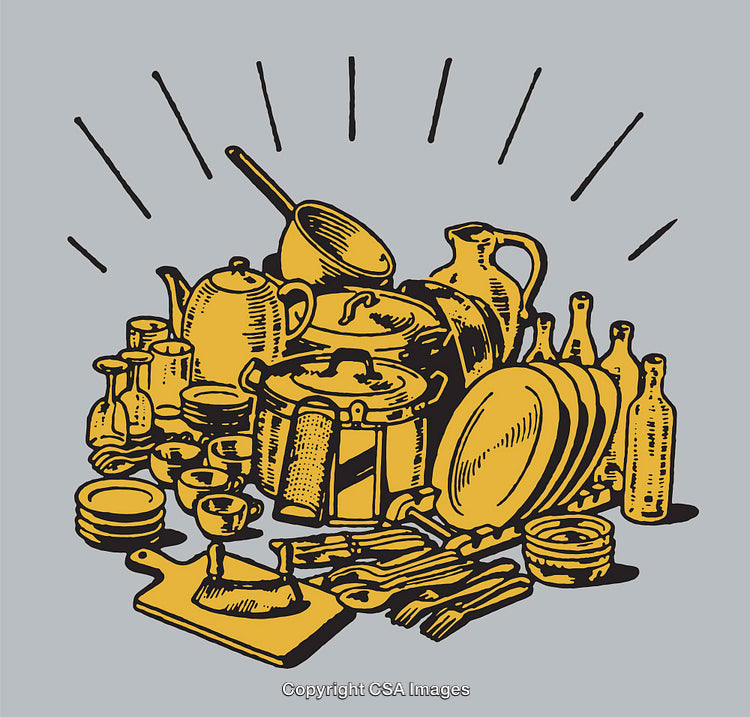 Vintage Kitchenware Illustration Featuring Pots, Utensils, Bottles, and Tableware