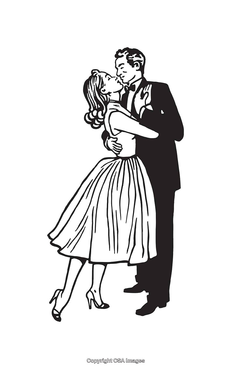 Romantic Couple Sharing a Dance in Elegant Attire Black and White Line Art