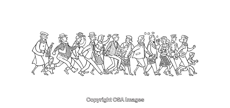 Group of People Walking Together in Unique Cartoon Line Art Style
