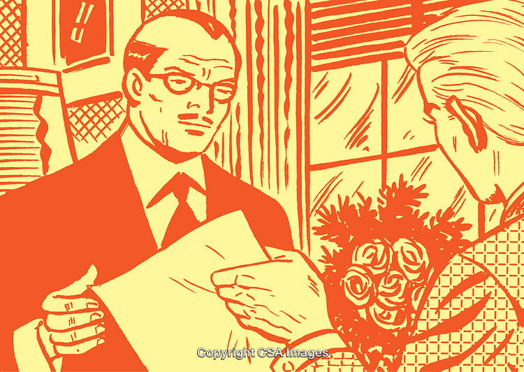 Retro Illustration Depicting Business Discussion and Flower Exchange in Classic Style