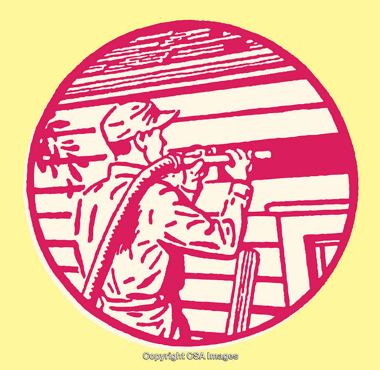 Retro Line Art of Worker Using Insulation Blower for Wall Fitting