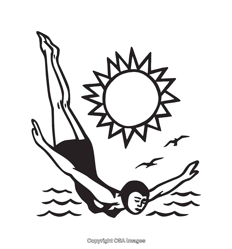 Black and White Diving Illustration with Sun and Ocean Elements