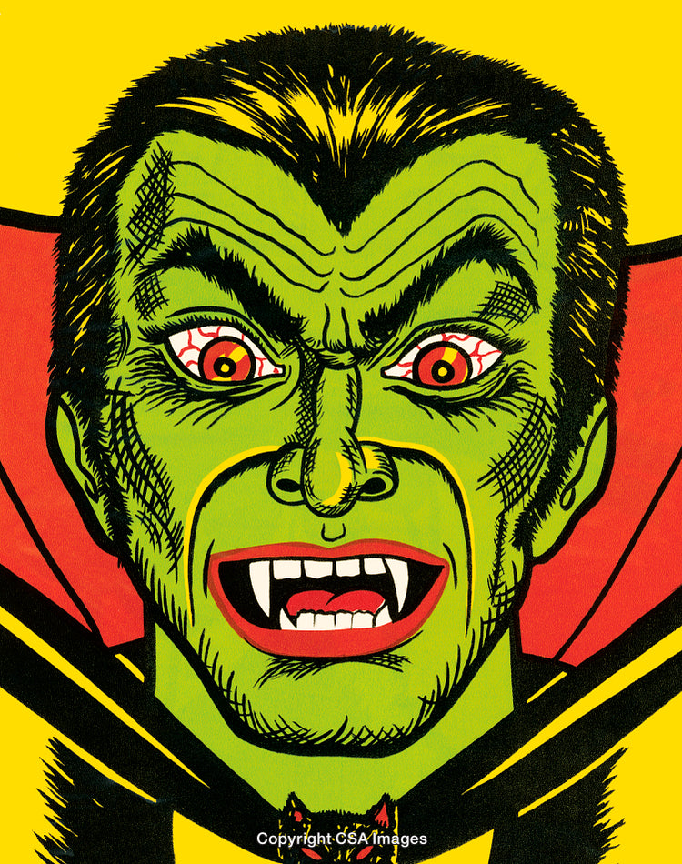 Colorful Illustration of Vampire Face with Fangs and Red Eyes