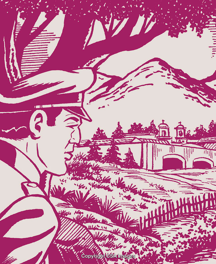 Vintage Illustration of Soldier Near Mountain Landscape and Village
