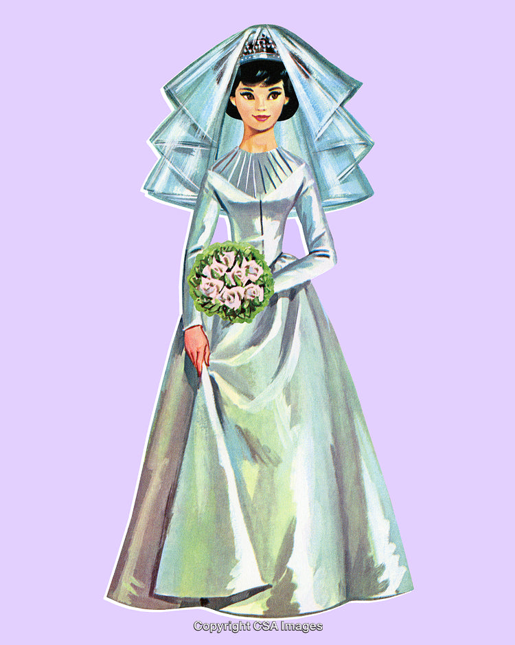 Elegant Bride Holding Bouquet in Formal Wedding Attire Illustration