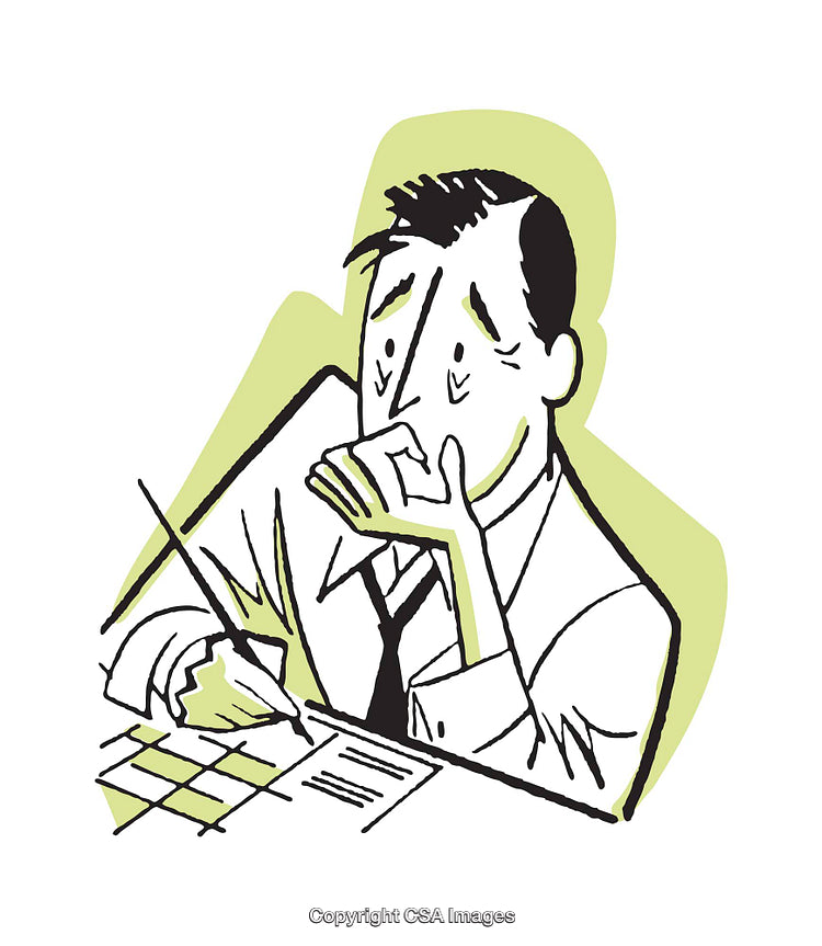 Illustrated Businessman Deep in Thought While Writing at a Desk