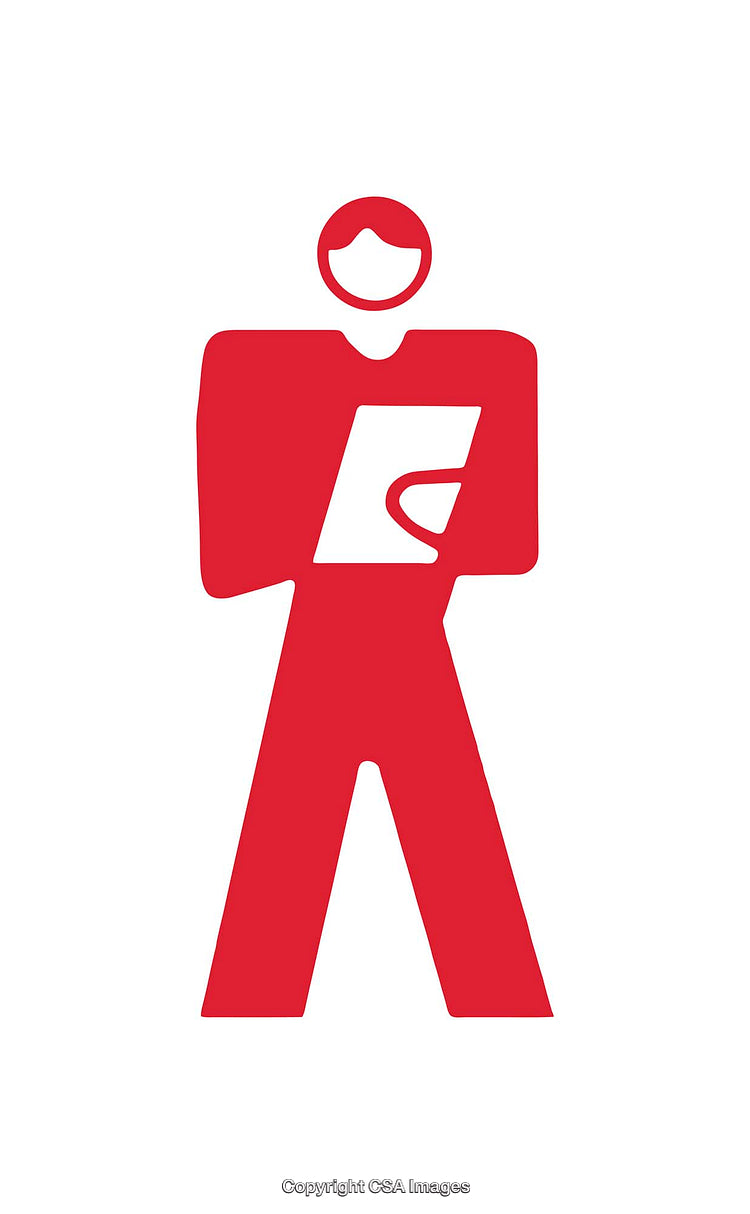 Minimalistic Red Icon of a Reading Figure on White Background