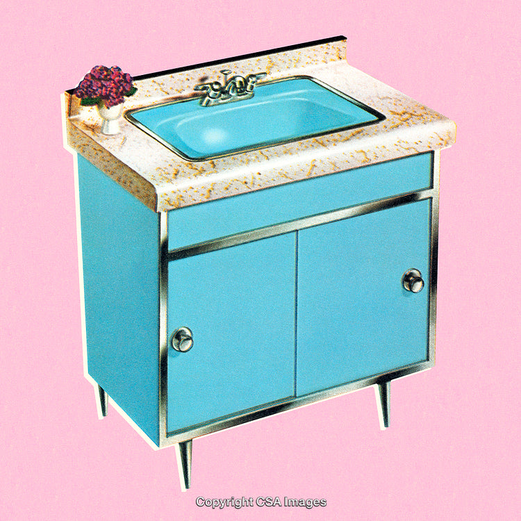Retro Blue Bathroom Sink Cabinet with Pink Background