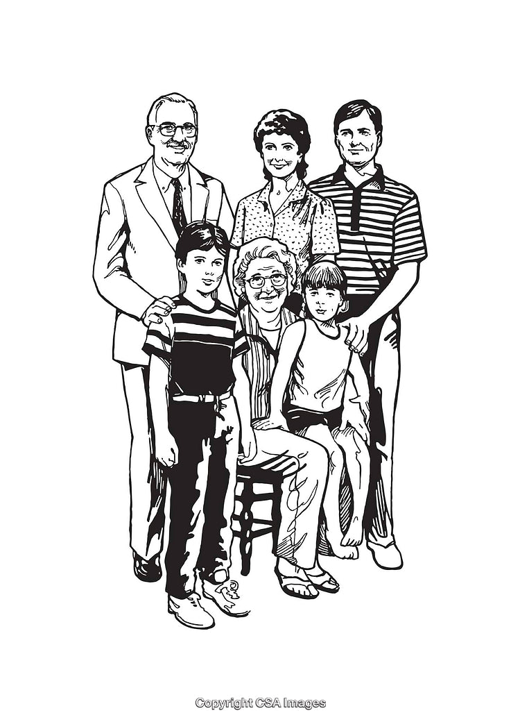 Black and White Line Art Illustration of a Family Portrait Scene
