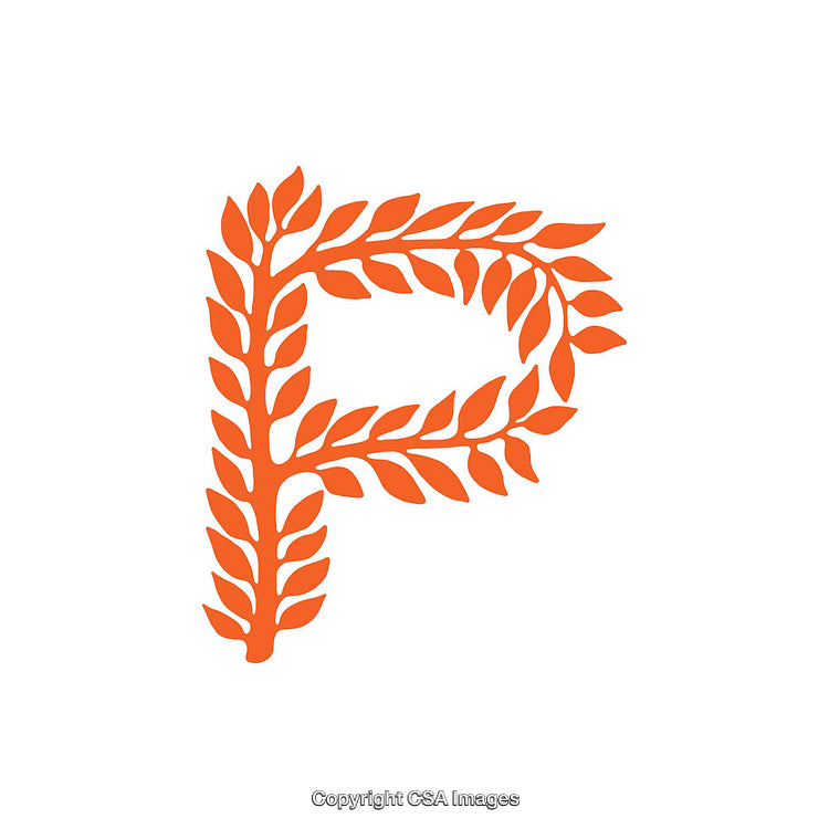 Creative Letter P Composed of Orange Leaf Patterns on White Background