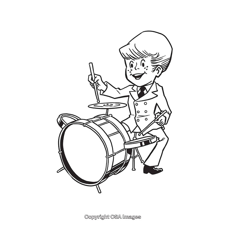 Black And White Line Art Drawing of Boy Playing Drum Set