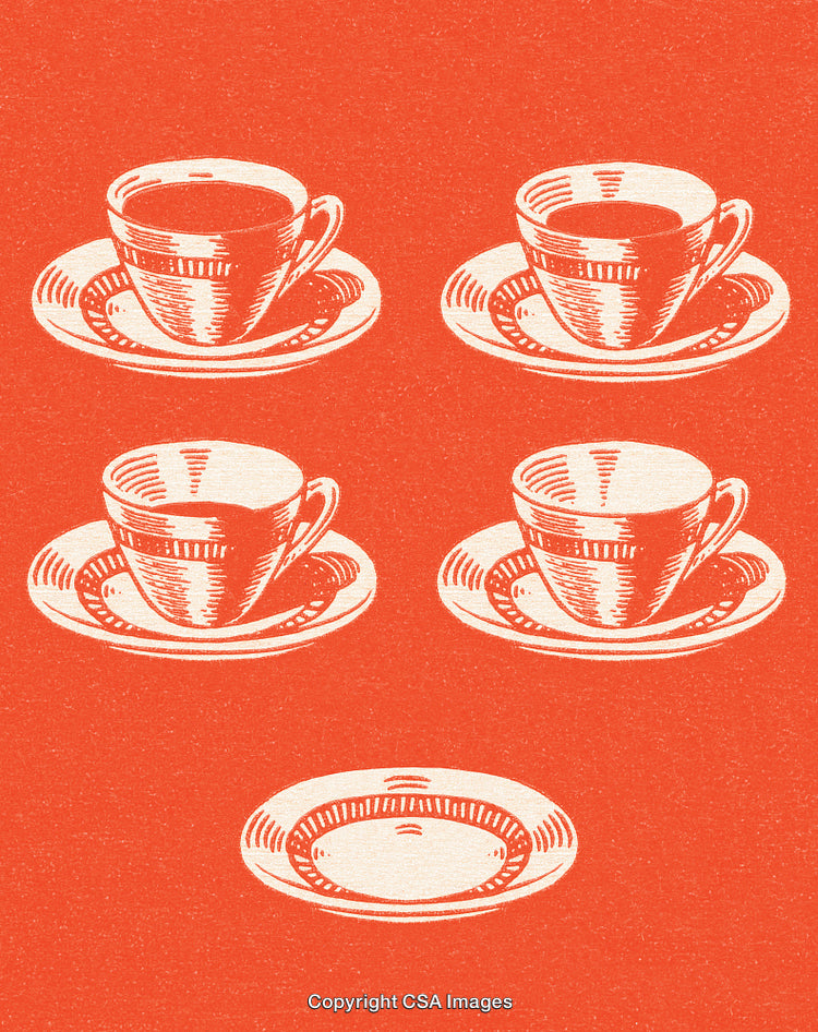 Illustration of Coffee Cups and Saucers on Bright Red Background