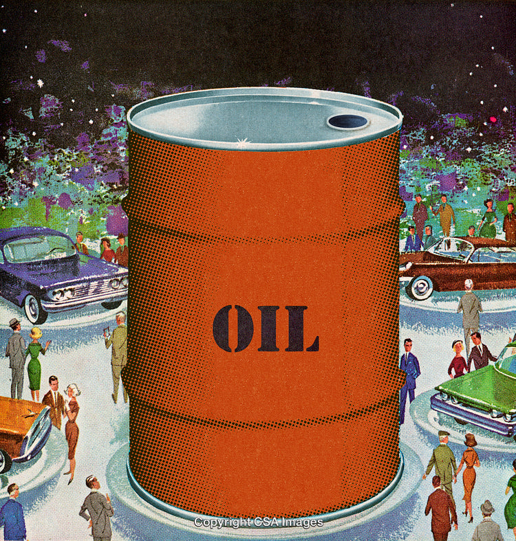 Large Oil Barrel Surrounded By Vintage Cars and Retro Styled Individuals
