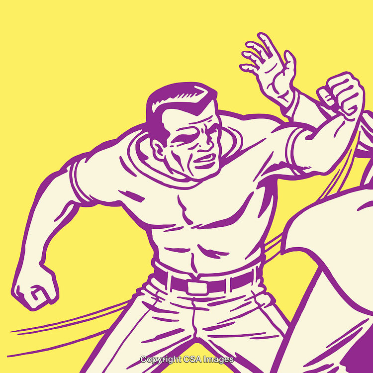Dynamic Colorful Artwork Depicting Action-Packed Vintage Comic Scene