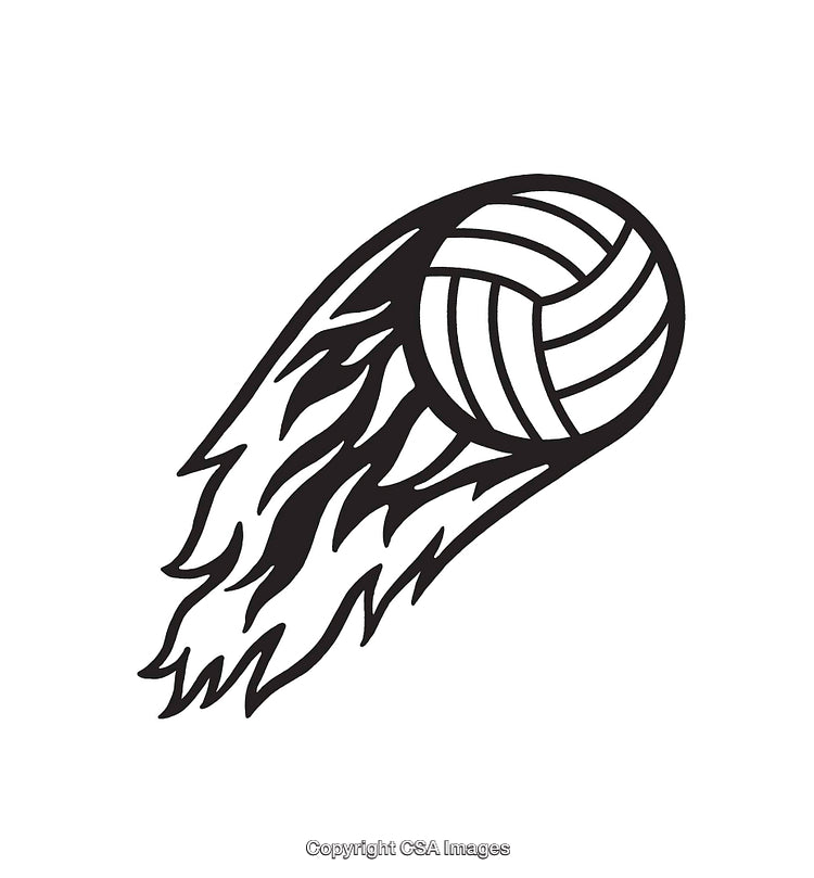 Dynamic Flaming Volleyball Line Art Illustration in Black and White Style