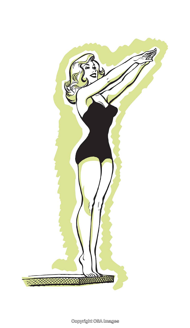 Illustration of a Woman Preparing to Dive in Retro Artistic Style
