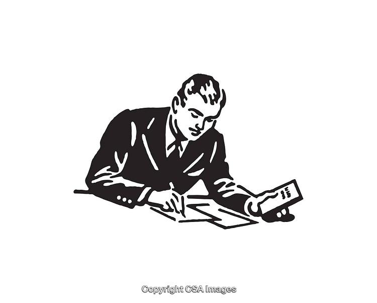 Black and White Illustration of a Businessman Writing on Paper