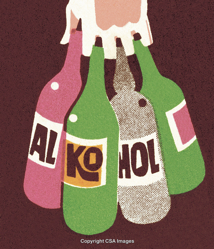 Illustration of Hand Holding Bottles with Alcohol Labels on a Dark Background