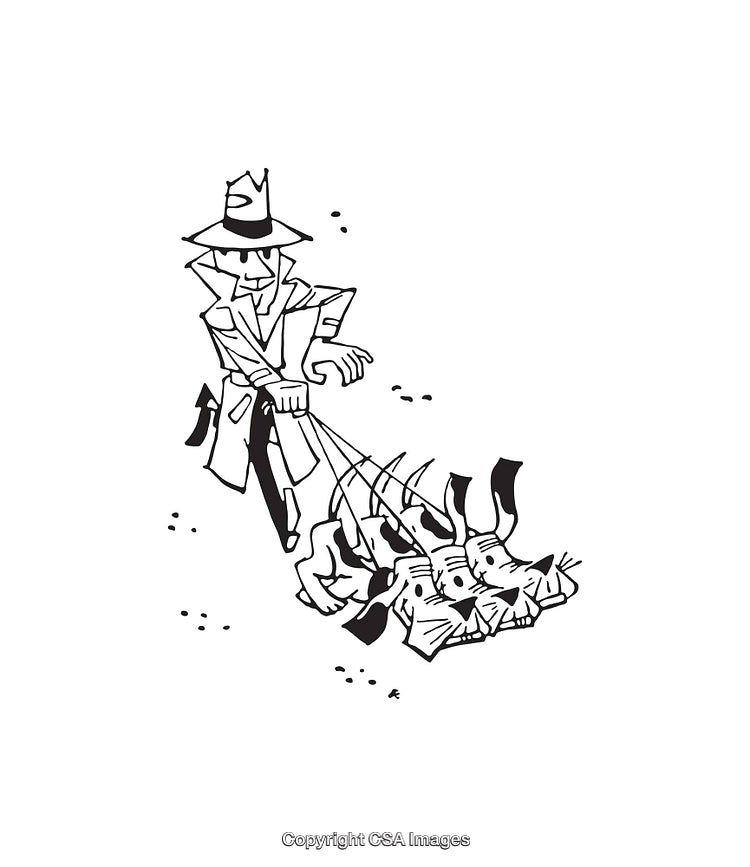 Line Art Illustration of a Detective Walking Distinctive Dogs