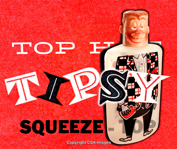 Retro Toy Bottle Featuring Comic Tipsy Character with Red Checkered Suit Design