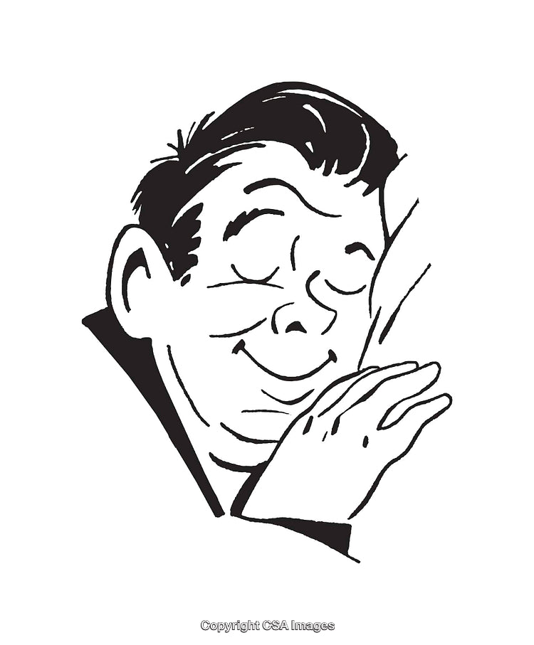 Black and White Illustration of a Smiling Relaxed Man Resting His Hands