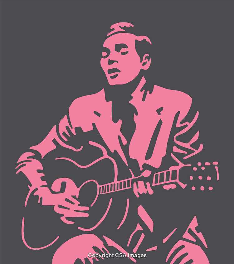 Pink Line Art Illustration of a Musician Playing Acoustic Guitar