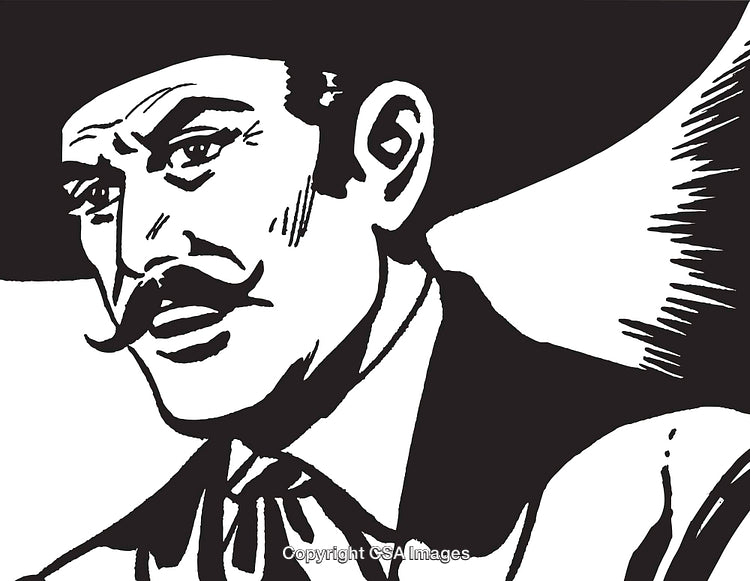 Vintage Western Cowboy with Mustache in Black and White Line Art