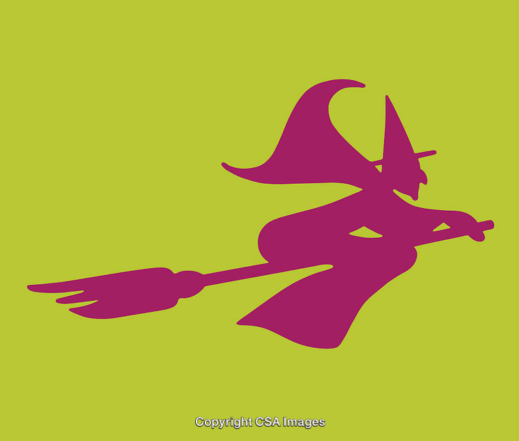 Magenta Witch Silhouette Flying on Broomstick Over Green Background