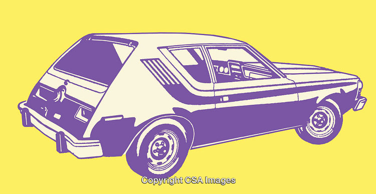 Retro Line Art Illustration of a Vintage Hatchback Car on Yellow Background