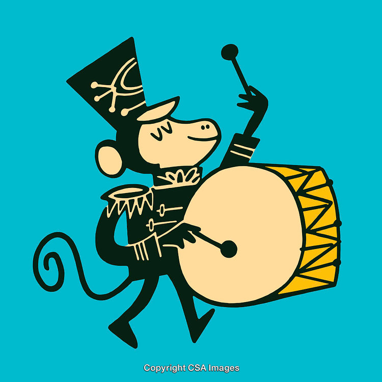 Cartoon Monkey Marching with Drum in Vibrant Colorful Illustration