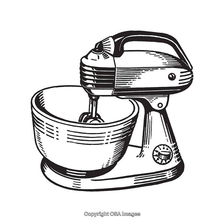 Black and White Line Art Illustration of a Retro Food Mixer