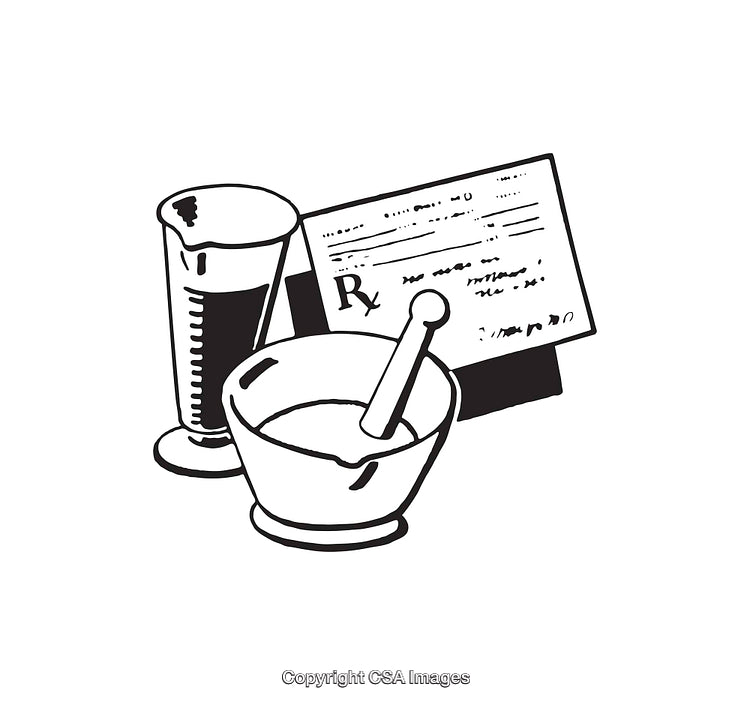Black And White Illustration of Pharmacy Tools and Prescription