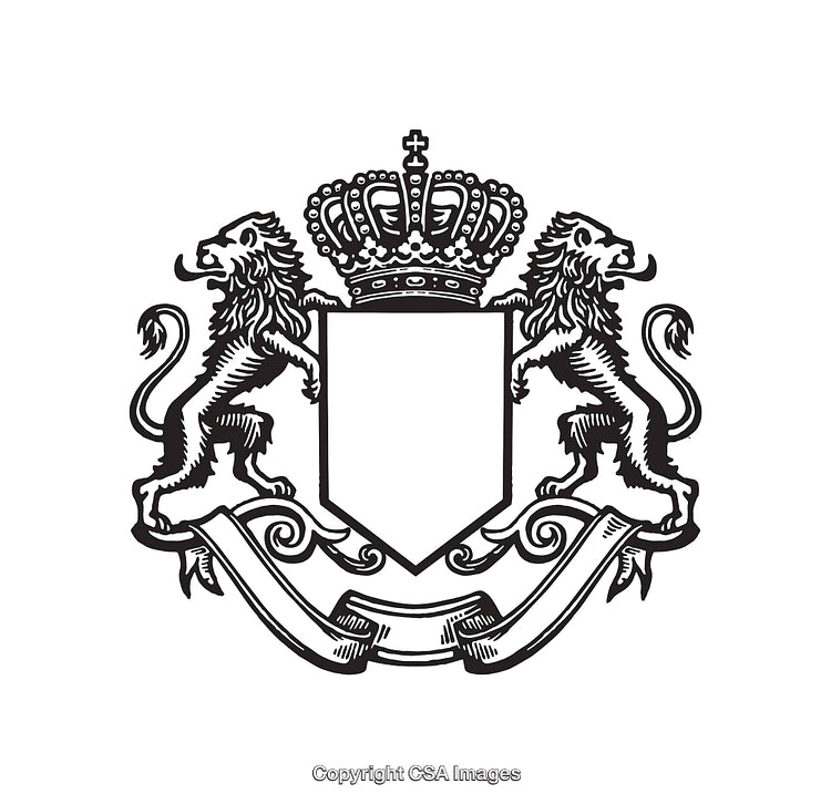 Elegant Black and White Crest Illustration Featuring Heraldic Lions and a Crown