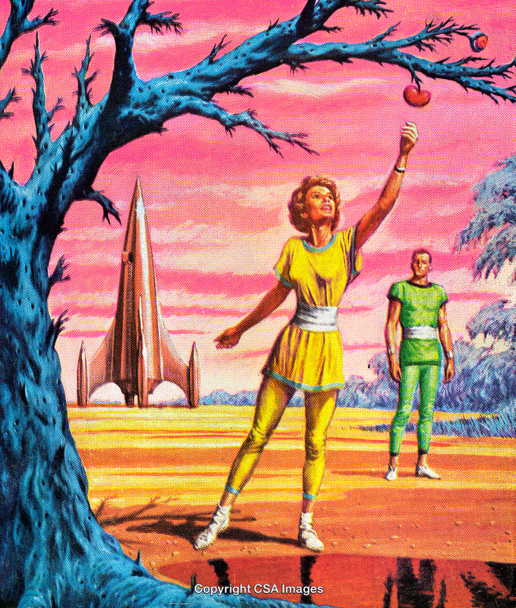 Futuristic Scene with Space Travelers on an Alien Landscape