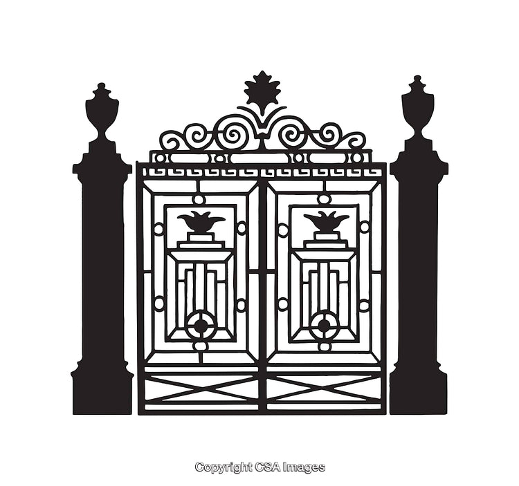 Stylish Ornamental Black And White Wrought Iron Gate Illustration