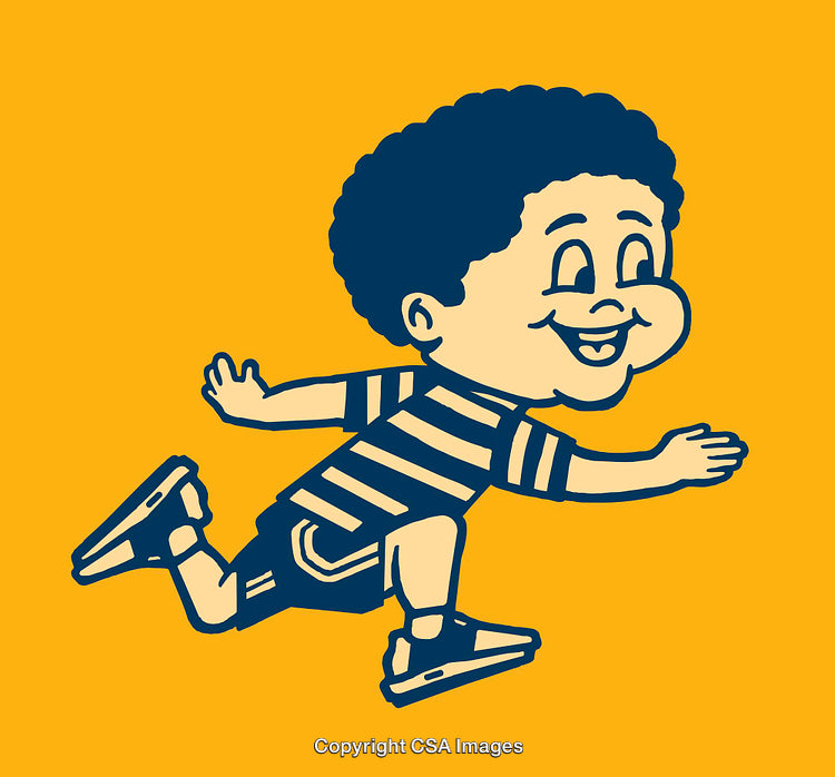 Playful Cartoon Child Running in Striped Outfit with Yellow Background