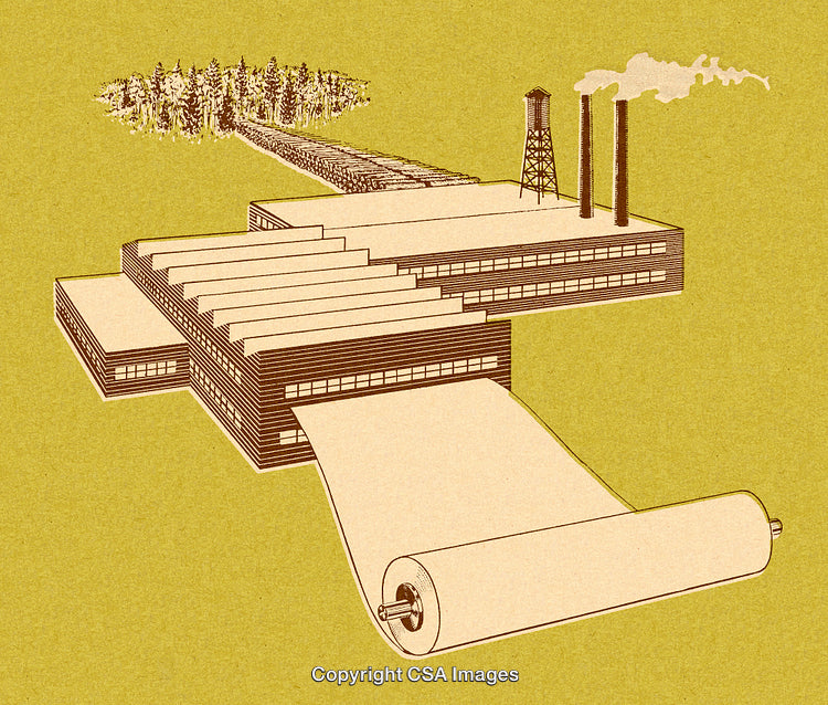 Illustrated Factory Producing Paper with Environmental and Industrial Themes