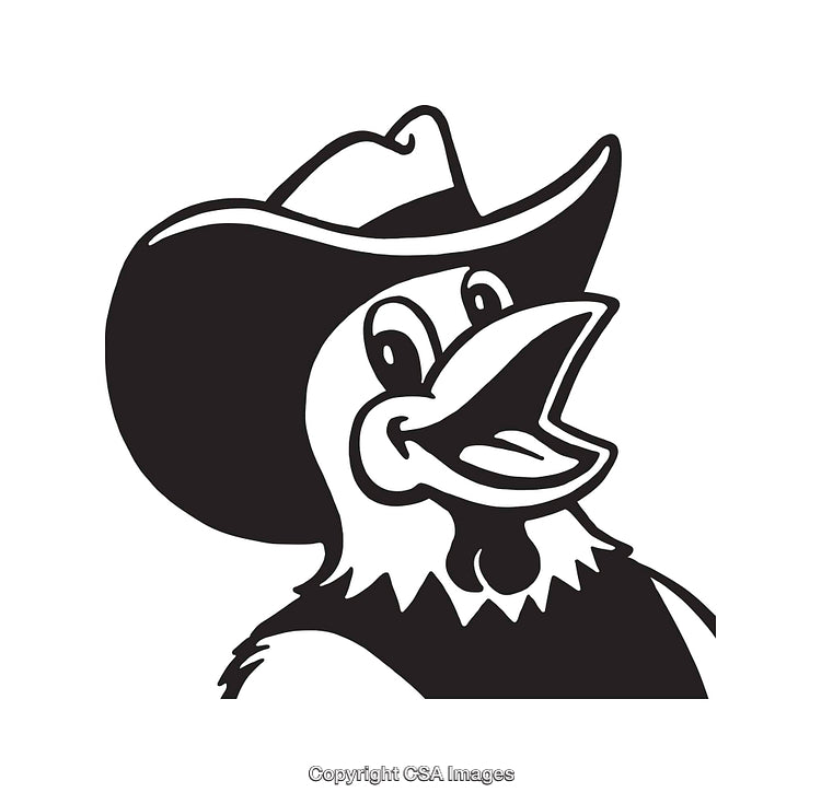 Cheerful Cartoon Chicken in Cowboy Hat Black-and-White Line Art