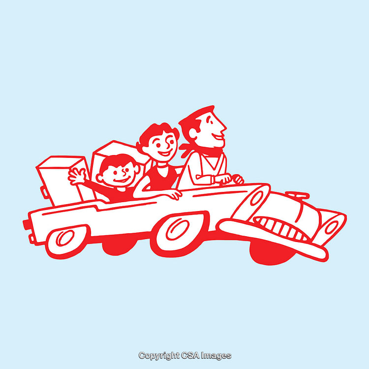 Illustration of a Happy Family Driving in a Retro Style Car