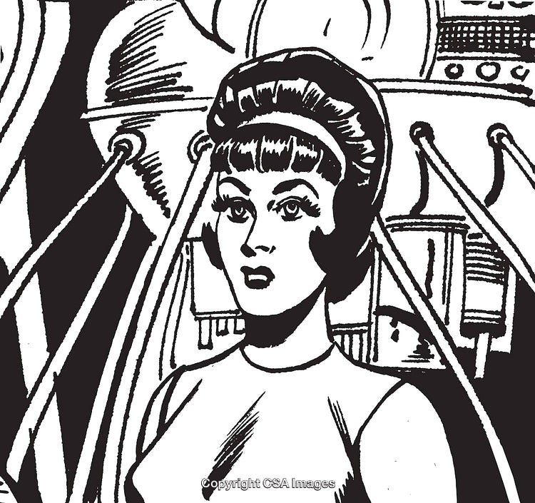 Retro Sci-Fi Illustration of Woman With Futuristic Background and Cables